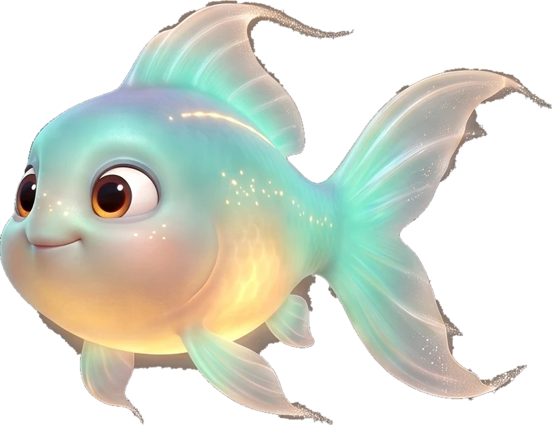 The glowfish: round, turquoise, with a golden glowing belly and long trailing fins.