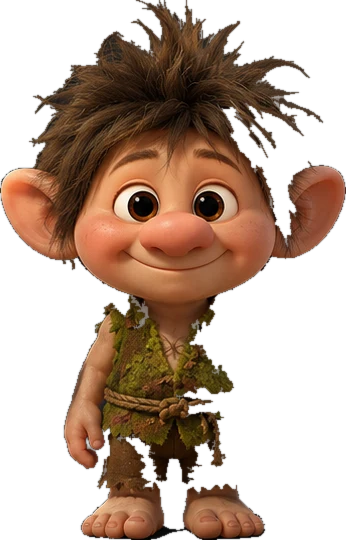 The little troll: wild hair, large ears, a moss waistcoat.