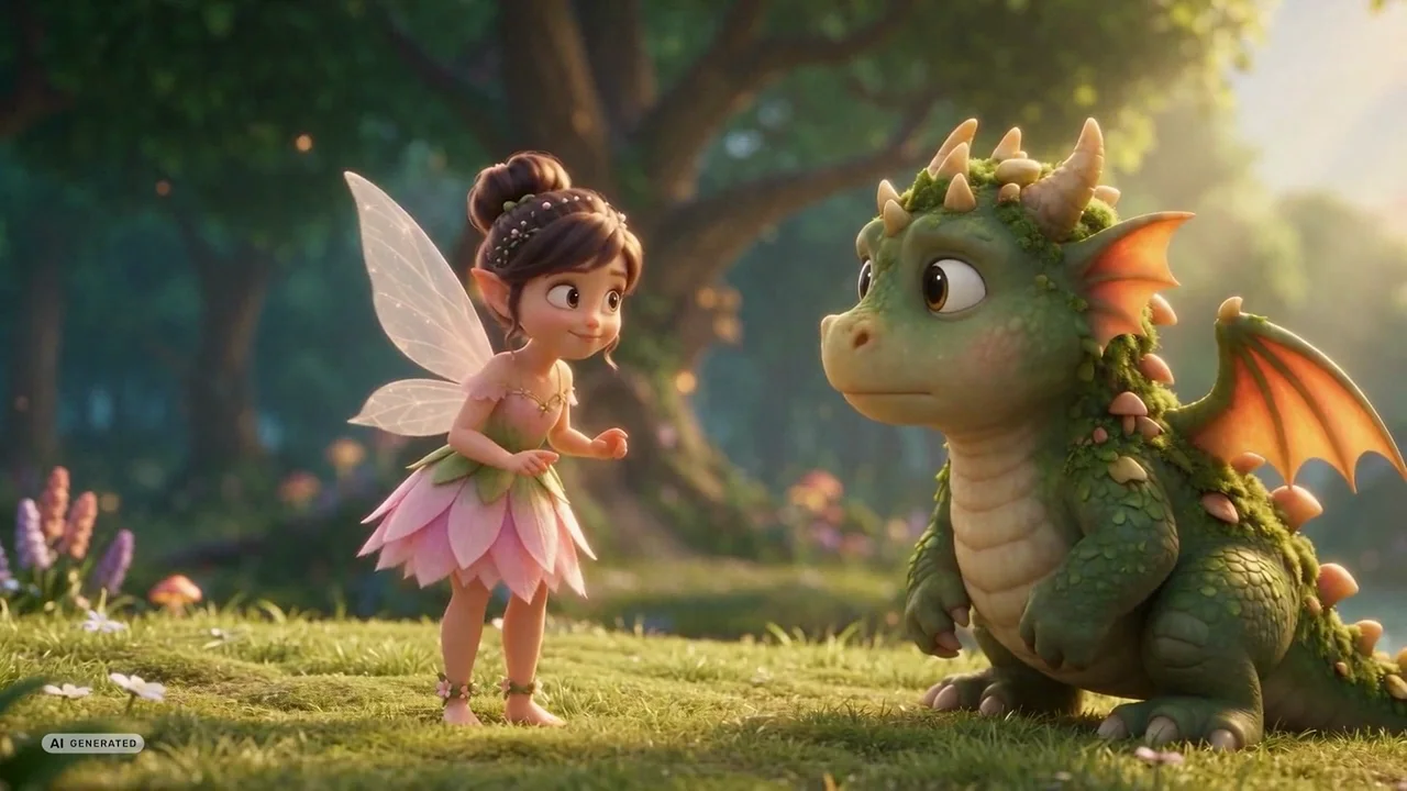 The fairy and the moss dragon facing each other on a sunlit meadow.