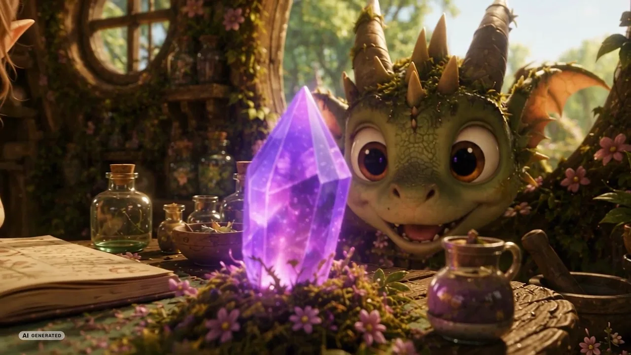The dragon beside a large glowing violet crystal in a workshop.