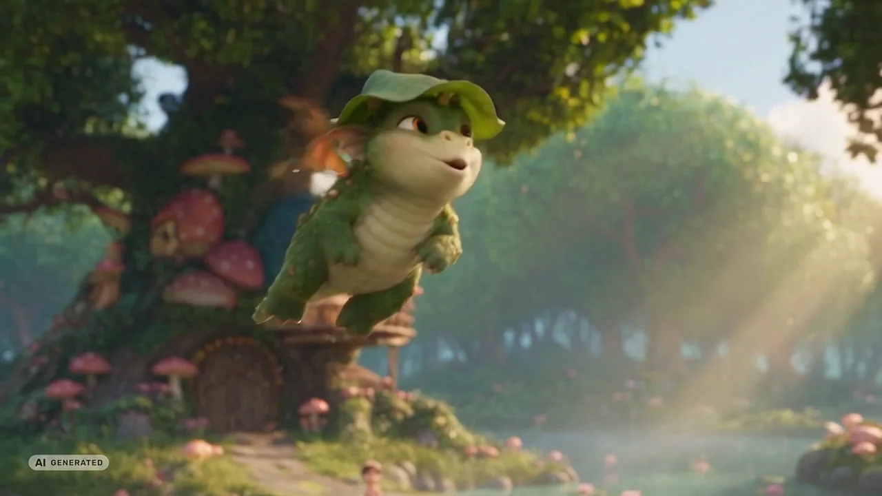 The moss dragon wearing a leaf as a hat, standing on a wooden jetty.