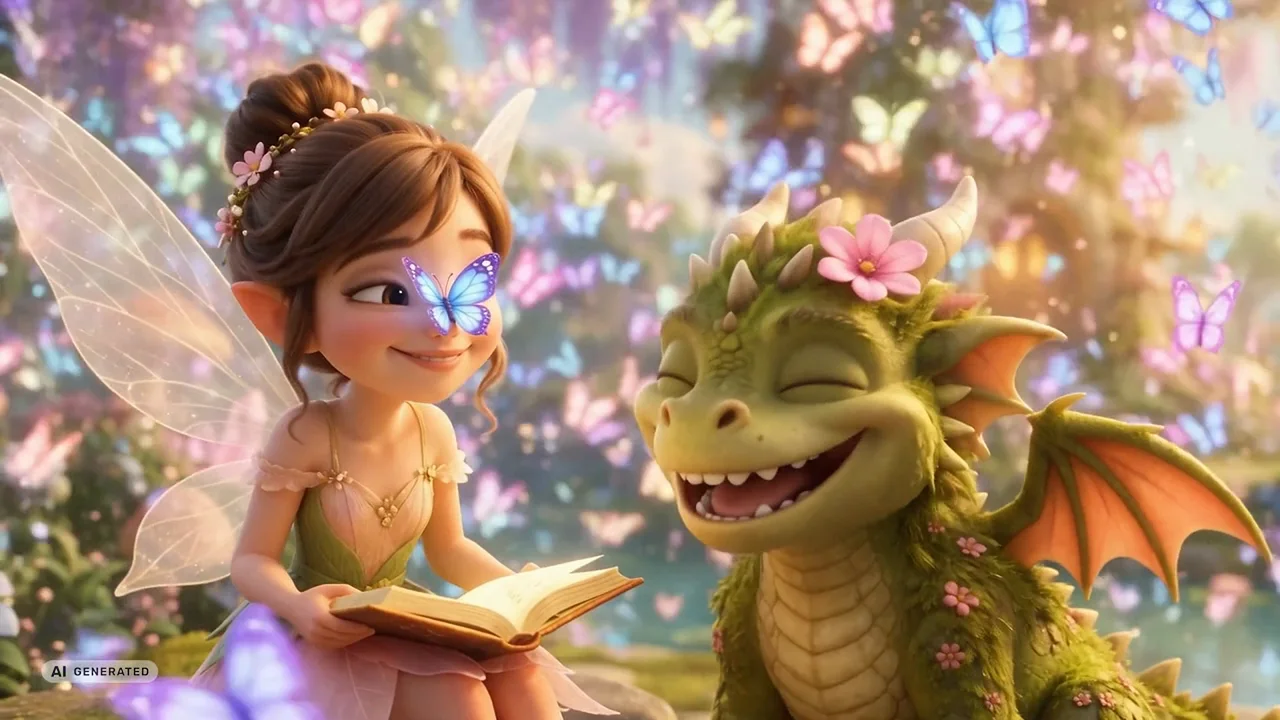 The fairy and the dragon laughing over an open book, a butterfly on her nose.