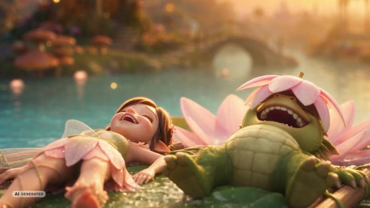 The fairy and the dragon lying on a raft, laughing, on a turquoise river.