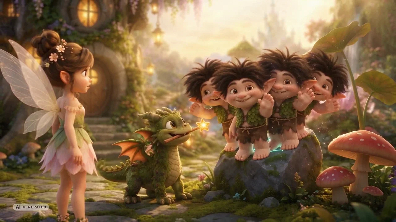 The fairy and the dragon meeting four small trolls standing on a rock.