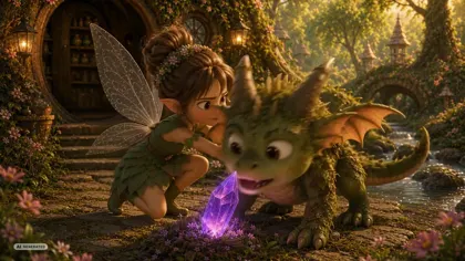 the fairy and the dragon by the crystals