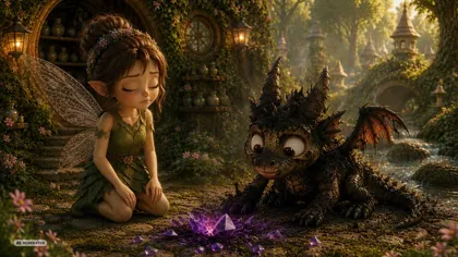 the fairy kneeling by the dragon