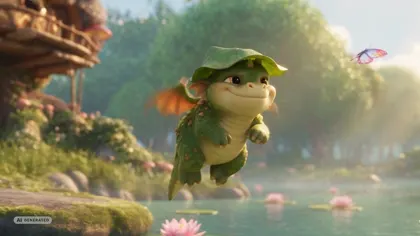 the dragon running, a leaf on his head